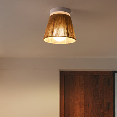 Traditional Japanese Iron Hemp Rope Weaving Cylinder 1-Light Semi-Flush Mount Ceiling Light For Hallway