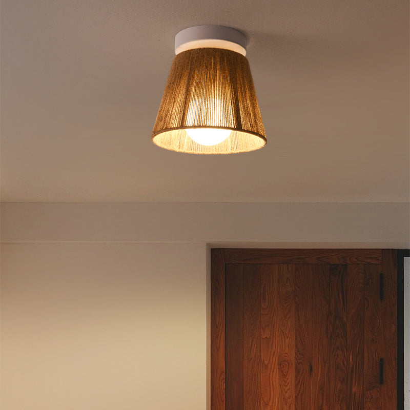 Traditional Japanese Iron Hemp Rope Weaving Cylinder 1-Light Semi-Flush Mount Ceiling Light For Hallway