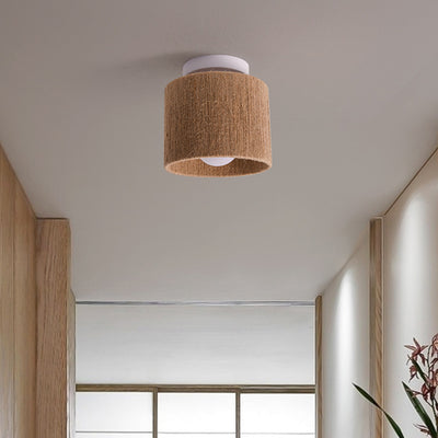 Traditional Japanese Iron Hemp Rope Weaving Cylinder 1-Light Semi-Flush Mount Ceiling Light For Hallway
