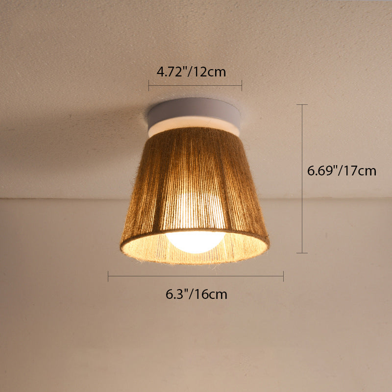 Traditional Japanese Iron Hemp Rope Weaving Cylinder 1-Light Semi-Flush Mount Ceiling Light For Hallway