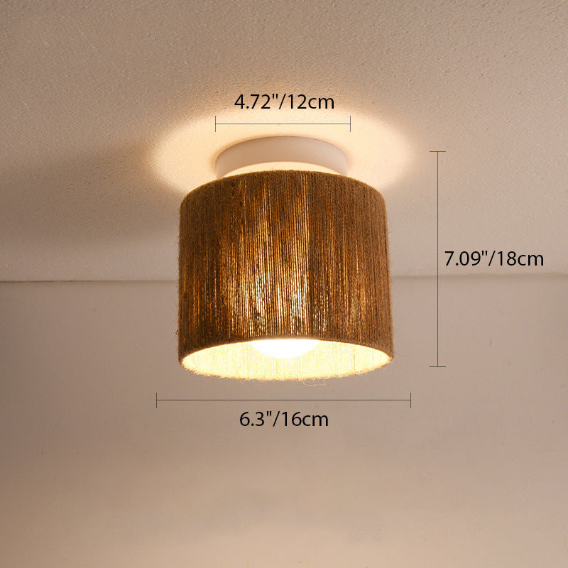 Traditional Japanese Iron Hemp Rope Weaving Cylinder 1-Light Semi-Flush Mount Ceiling Light For Hallway