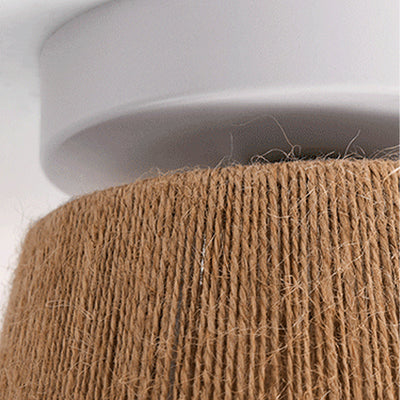Traditional Japanese Iron Hemp Rope Weaving Cylinder 1-Light Semi-Flush Mount Ceiling Light For Hallway