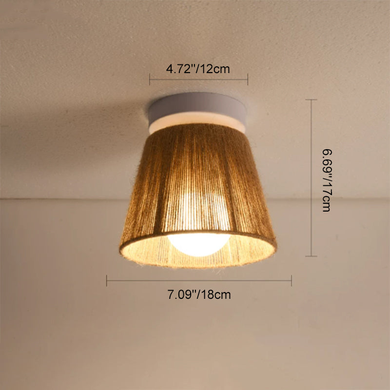 Lustre semi-encastré à 1 lumière avec cylindre tissé en corde de chanvre et fer traditionnel japonais pour couloir 