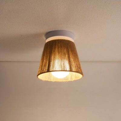 Traditional Japanese Iron Hemp Rope Weaving Cylinder 1-Light Semi-Flush Mount Ceiling Light For Hallway