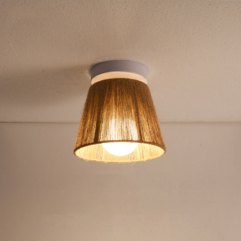 Traditional Japanese Iron Hemp Rope Weaving Cylinder 1-Light Semi-Flush Mount Ceiling Light For Hallway