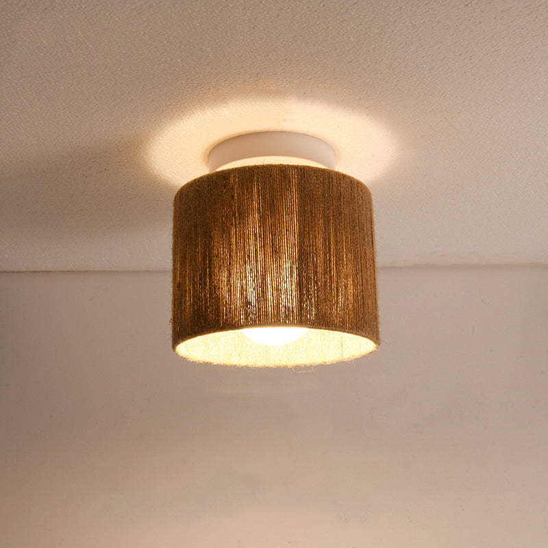 Traditional Japanese Iron Hemp Rope Weaving Cylinder 1-Light Semi-Flush Mount Ceiling Light For Hallway