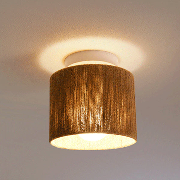 Traditional Japanese Iron Hemp Rope Weaving Cylinder 1-Light Semi-Flush Mount Ceiling Light For Hallway