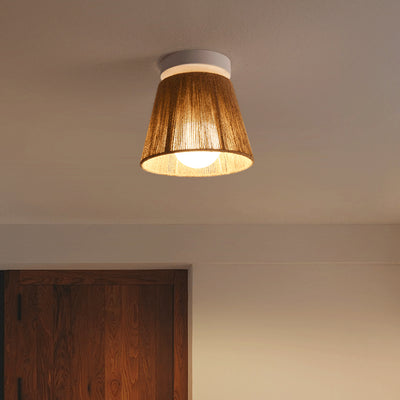 Traditional Japanese Iron Hemp Rope Weaving Cylinder 1-Light Semi-Flush Mount Ceiling Light For Hallway