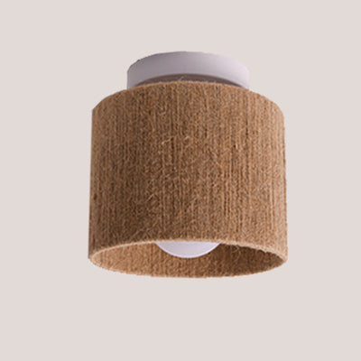 Traditional Japanese Iron Hemp Rope Weaving Cylinder 1-Light Semi-Flush Mount Ceiling Light For Hallway