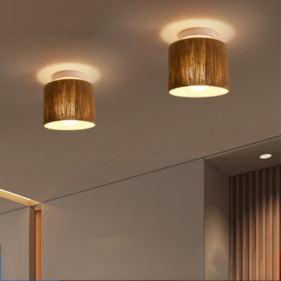 Traditional Japanese Iron Hemp Rope Weaving Cylinder 1-Light Semi-Flush Mount Ceiling Light For Hallway
