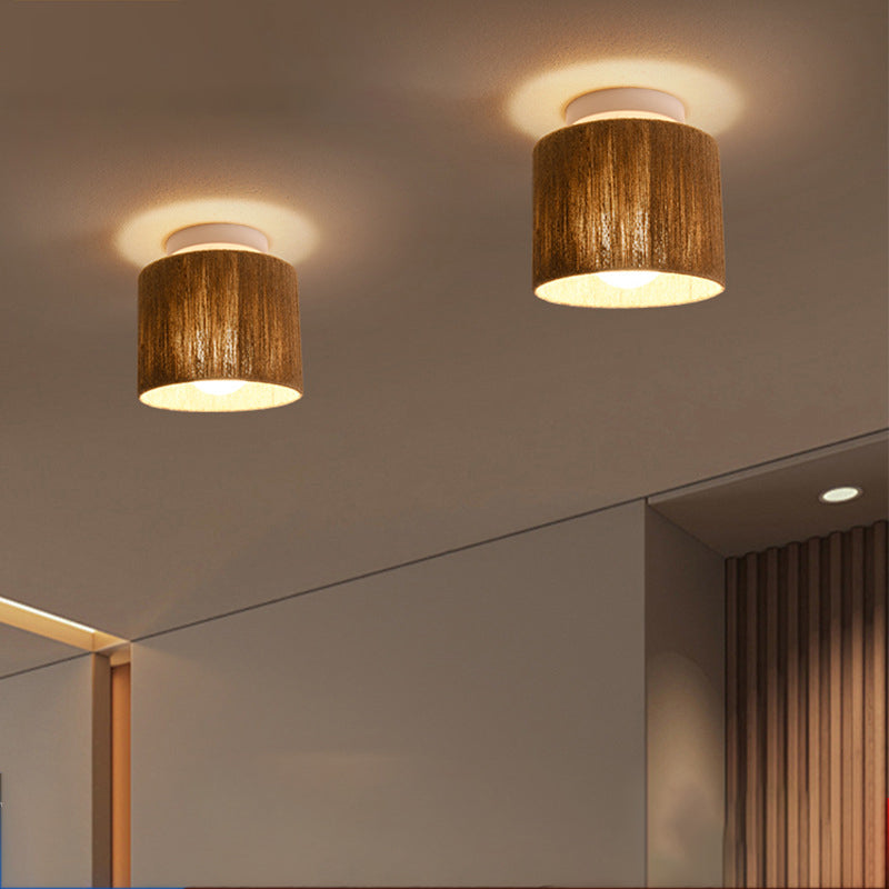 Traditional Japanese Iron Hemp Rope Weaving Cylinder 1-Light Semi-Flush Mount Ceiling Light For Hallway