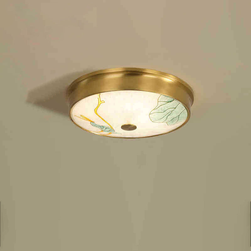 Plafonnier LED avec peinture traditionnelle chinoise en laiton, fer, verre rond, lotus, feuille de bambou, ginkgo biloba, craquelé pour chambre à coucher 