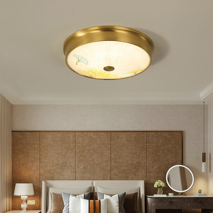 Plafonnier LED avec peinture traditionnelle chinoise en laiton, fer, verre rond, lotus, feuille de bambou, ginkgo biloba, craquelé pour chambre à coucher 