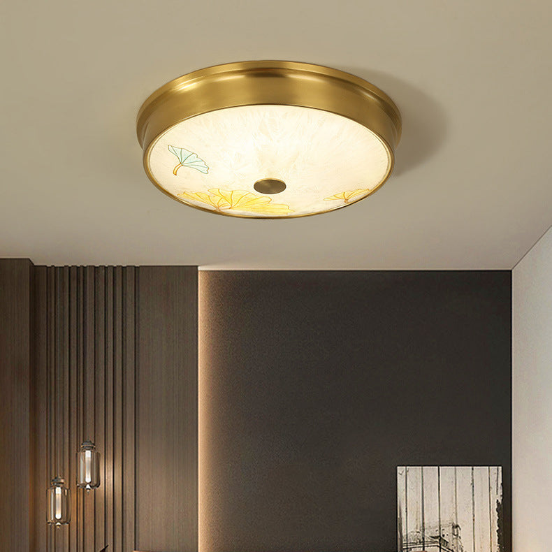 Plafonnier LED avec peinture traditionnelle chinoise en laiton, fer, verre rond, lotus, feuille de bambou, ginkgo biloba, craquelé pour chambre à coucher 