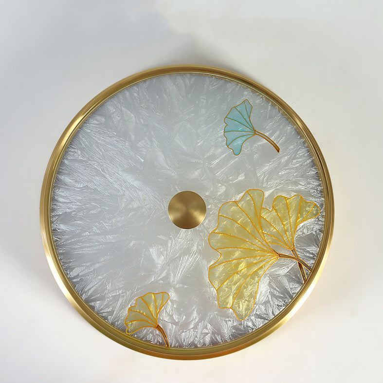 Plafonnier LED avec peinture traditionnelle chinoise en laiton, fer, verre rond, lotus, feuille de bambou, ginkgo biloba, craquelé pour chambre à coucher 