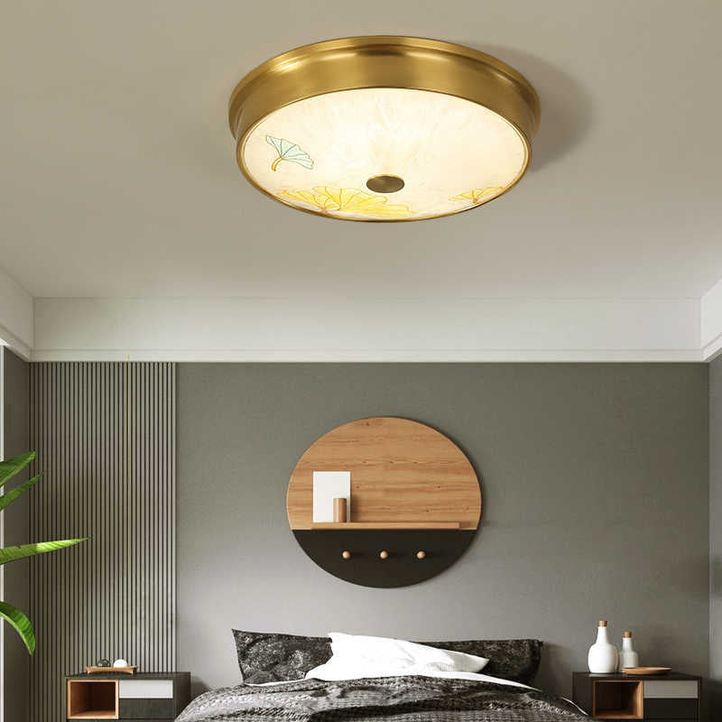 Plafonnier LED avec peinture traditionnelle chinoise en laiton, fer, verre rond, lotus, feuille de bambou, ginkgo biloba, craquelé pour chambre à coucher 