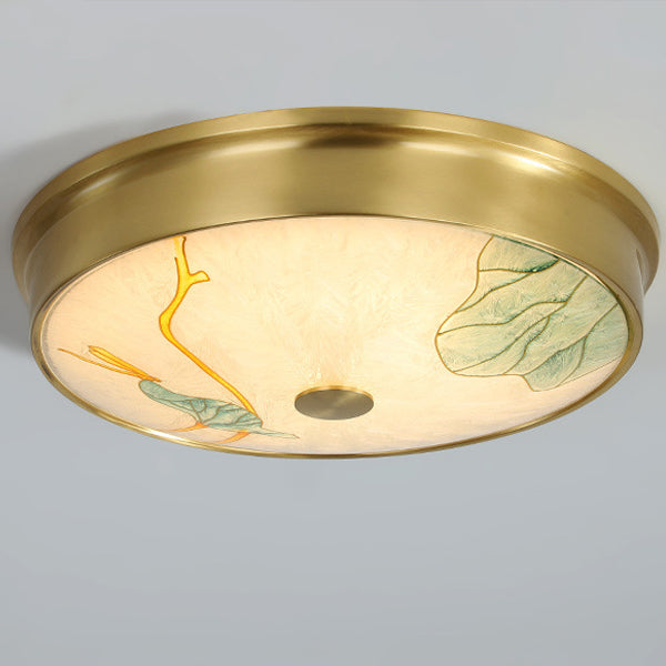 Plafonnier LED avec peinture traditionnelle chinoise en laiton, fer, verre rond, lotus, feuille de bambou, ginkgo biloba, craquelé pour chambre à coucher 
