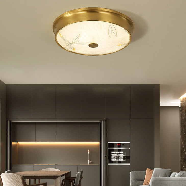 Plafonnier LED avec peinture traditionnelle chinoise en laiton, fer, verre rond, lotus, feuille de bambou, ginkgo biloba, craquelé pour chambre à coucher 
