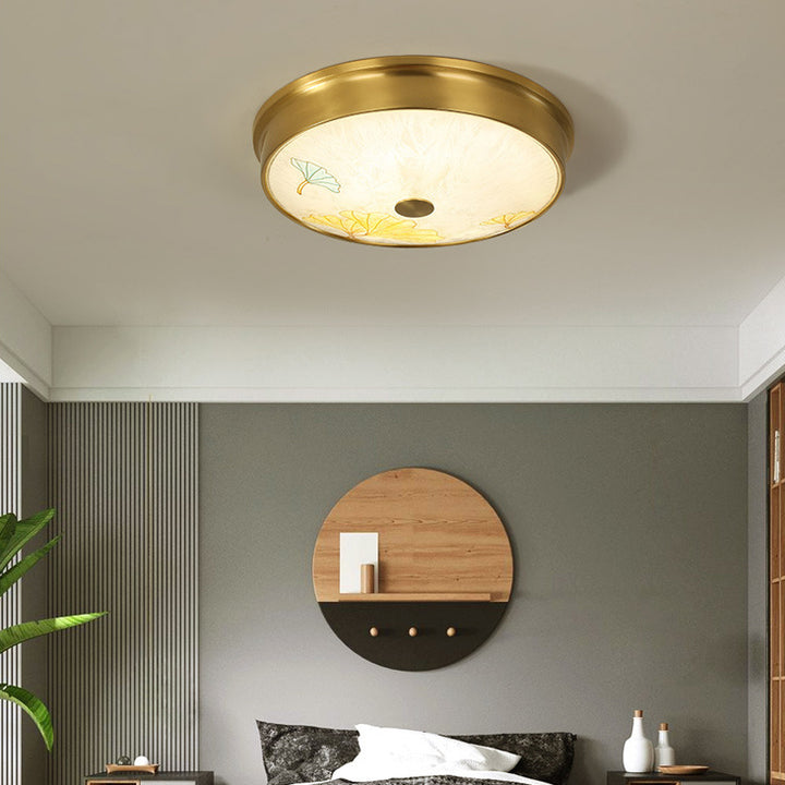 Plafonnier LED avec peinture traditionnelle chinoise en laiton, fer, verre rond, lotus, feuille de bambou, ginkgo biloba, craquelé pour chambre à coucher 