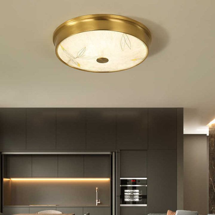 Plafonnier LED avec peinture traditionnelle chinoise en laiton, fer, verre rond, lotus, feuille de bambou, ginkgo biloba, craquelé pour chambre à coucher 