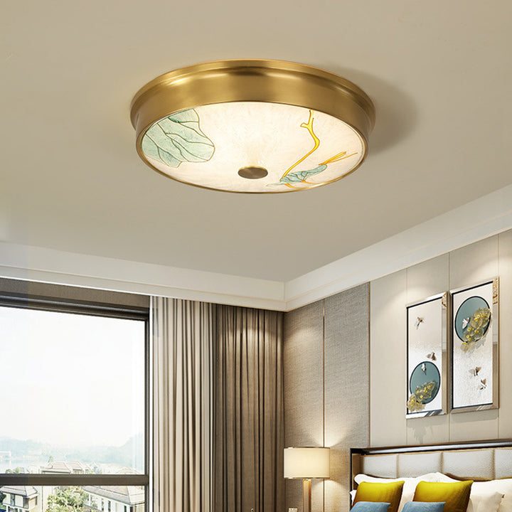 Plafonnier LED avec peinture traditionnelle chinoise en laiton, fer, verre rond, lotus, feuille de bambou, ginkgo biloba, craquelé pour chambre à coucher 