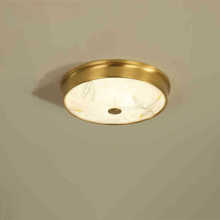 Plafonnier LED avec peinture traditionnelle chinoise en laiton, fer, verre rond, lotus, feuille de bambou, ginkgo biloba, craquelé pour chambre à coucher 