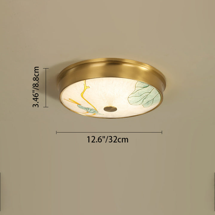 Plafonnier LED avec peinture traditionnelle chinoise en laiton, fer, verre rond, lotus, feuille de bambou, ginkgo biloba, craquelé pour chambre à coucher 