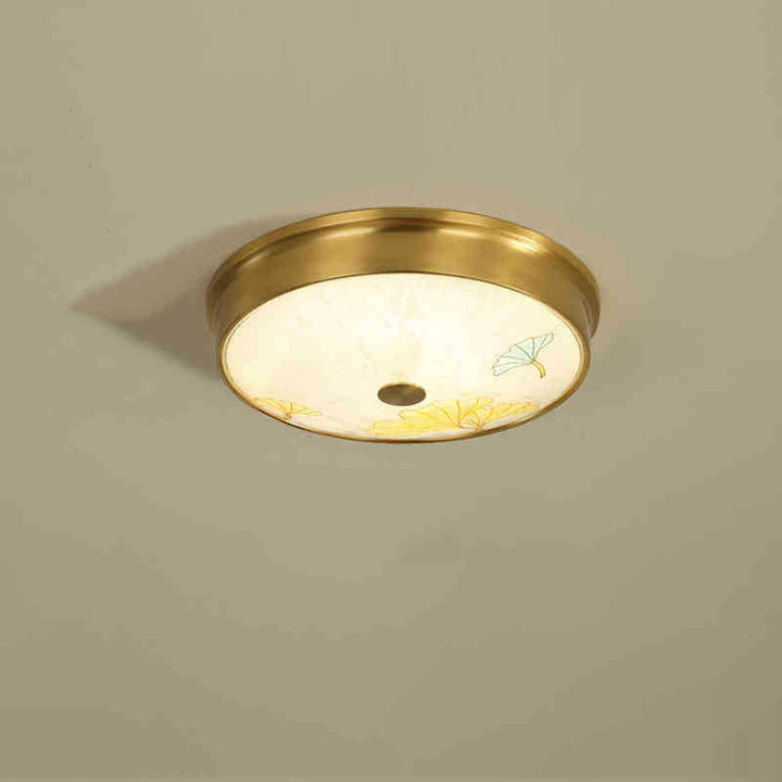 Plafonnier LED avec peinture traditionnelle chinoise en laiton, fer, verre rond, lotus, feuille de bambou, ginkgo biloba, craquelé pour chambre à coucher 