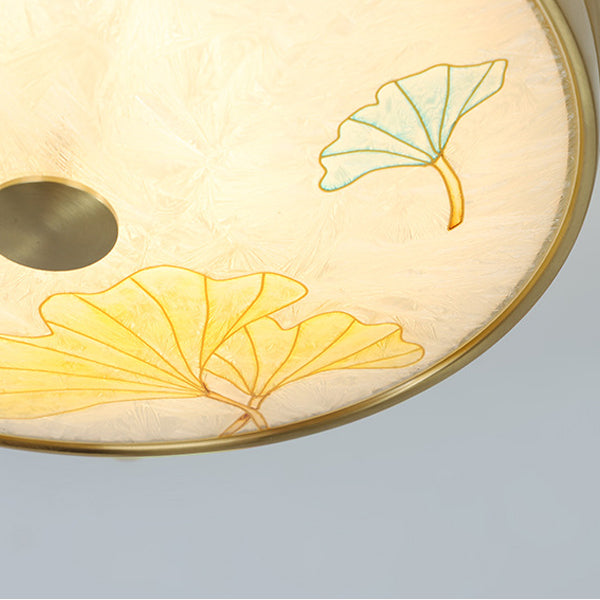 Plafonnier LED avec peinture traditionnelle chinoise en laiton, fer, verre rond, lotus, feuille de bambou, ginkgo biloba, craquelé pour chambre à coucher 