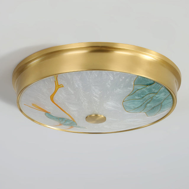 Plafonnier LED avec peinture traditionnelle chinoise en laiton, fer, verre rond, lotus, feuille de bambou, ginkgo biloba, craquelé pour chambre à coucher 