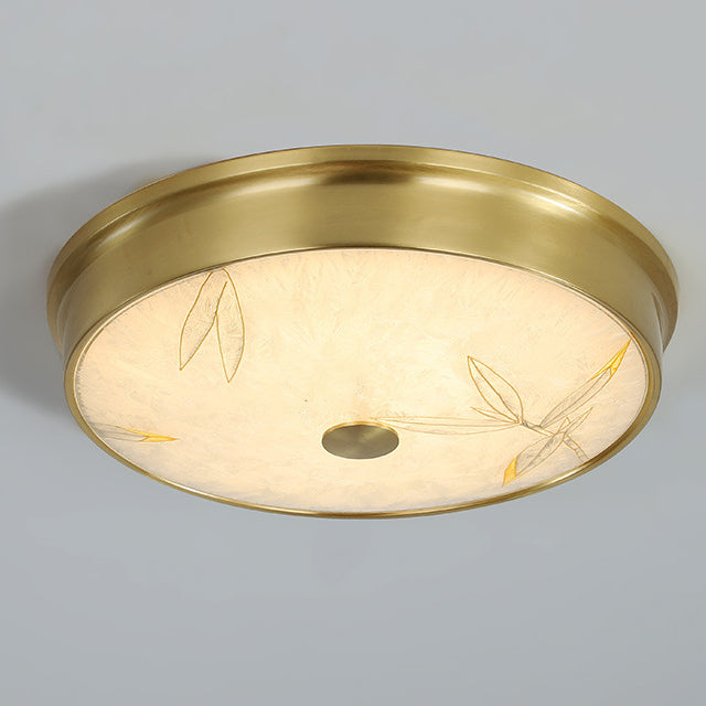 Plafonnier LED avec peinture traditionnelle chinoise en laiton, fer, verre rond, lotus, feuille de bambou, ginkgo biloba, craquelé pour chambre à coucher 