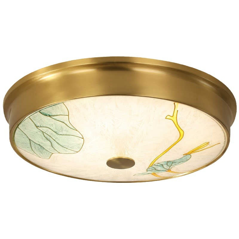 Plafonnier LED avec peinture traditionnelle chinoise en laiton, fer, verre rond, lotus, feuille de bambou, ginkgo biloba, craquelé pour chambre à coucher 