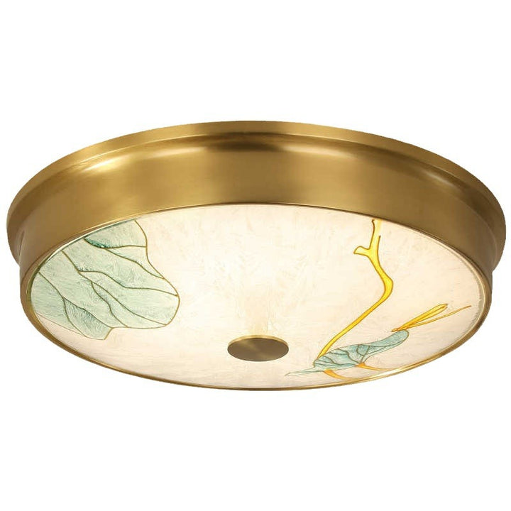 Plafonnier LED avec peinture traditionnelle chinoise en laiton, fer, verre rond, lotus, feuille de bambou, ginkgo biloba, craquelé pour chambre à coucher 