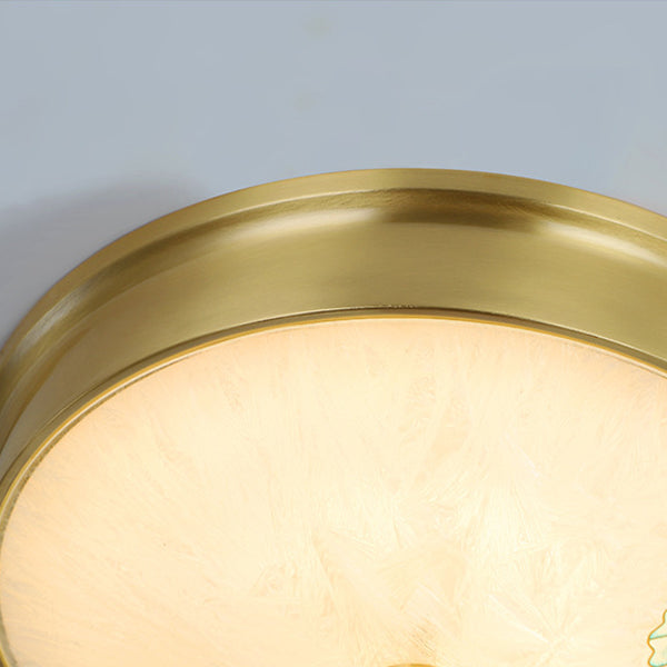 Plafonnier LED avec peinture traditionnelle chinoise en laiton, fer, verre rond, lotus, feuille de bambou, ginkgo biloba, craquelé pour chambre à coucher 