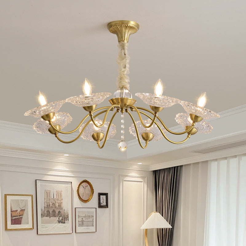 Chandeliers traditionnels en laiton de luxe avec disque en verre de cristal pour bougies 3/6/8 lumières pour le salon 
