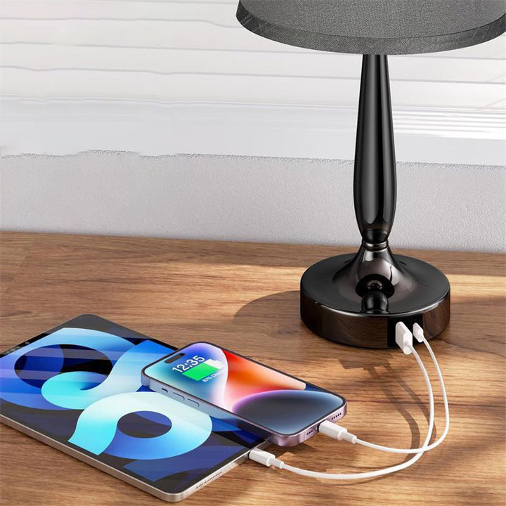 Zeitgenössische skandinavische USB-Metallgewebezylinder 1-Licht-Tischlampe für das Bett 