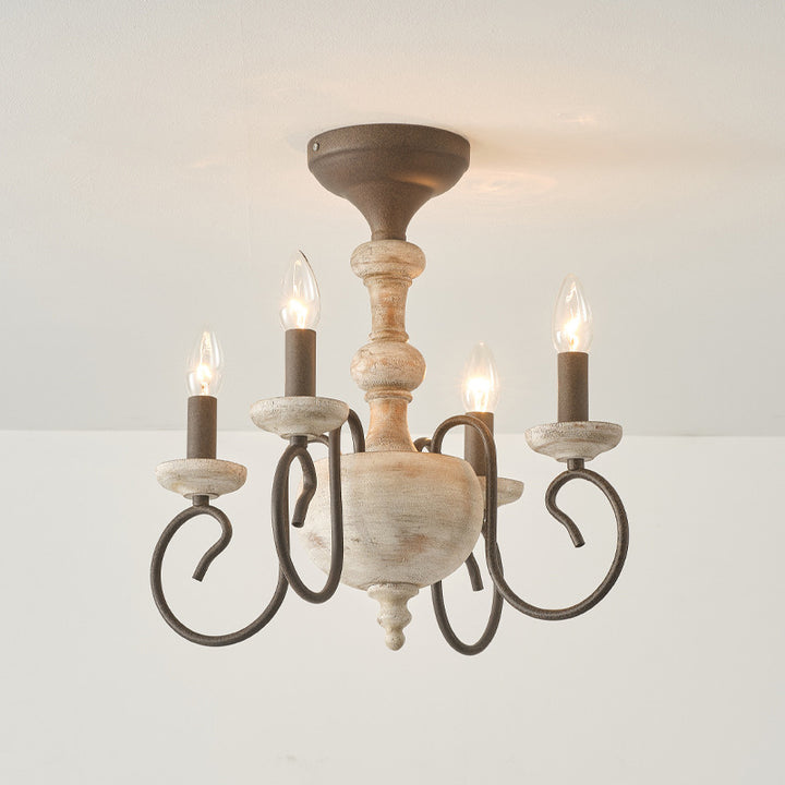 Plafonnier semi-encastré à 4 lumières avec colonne en bois et fer vintage traditionnel pour salon 