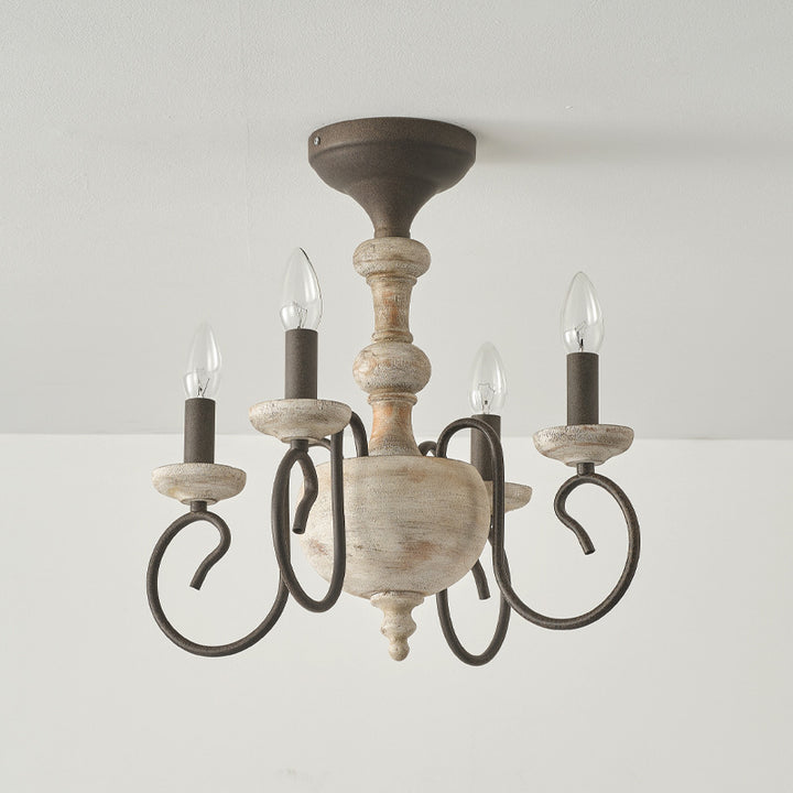 Plafonnier semi-encastré à 4 lumières avec colonne en bois et fer vintage traditionnel pour salon 