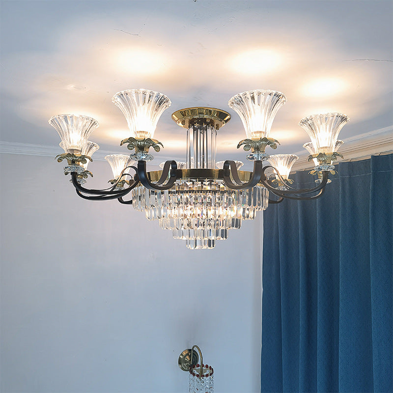 Lustre moderne en fer de luxe avec corne en cristal, cylindre 3/6/8/10/12 lumières semi-encastrées pour salon 