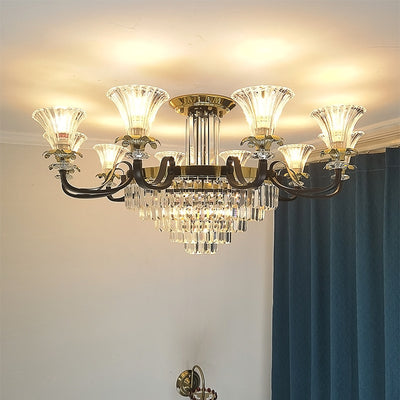 Lustre moderne en fer de luxe avec corne en cristal, cylindre 3/6/8/10/12 lumières semi-encastrées pour salon 