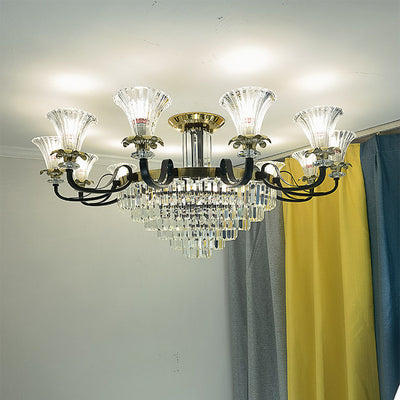 Lustre moderne en fer de luxe avec corne en cristal, cylindre 3/6/8/10/12 lumières semi-encastrées pour salon 