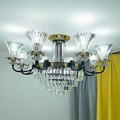 Lustre moderne en fer de luxe avec corne en cristal, cylindre 3/6/8/10/12 lumières semi-encastrées pour salon 