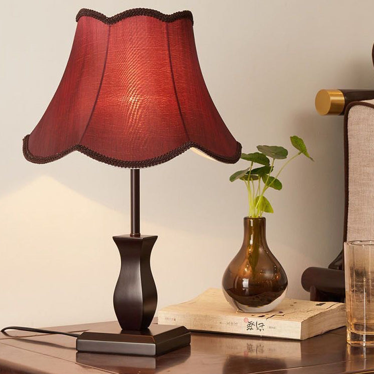 Lámpara de Mesa de 1 Luz con Pantalla de Tambor de Tela de Madera Retro Contemporánea para Mesita de Noche 