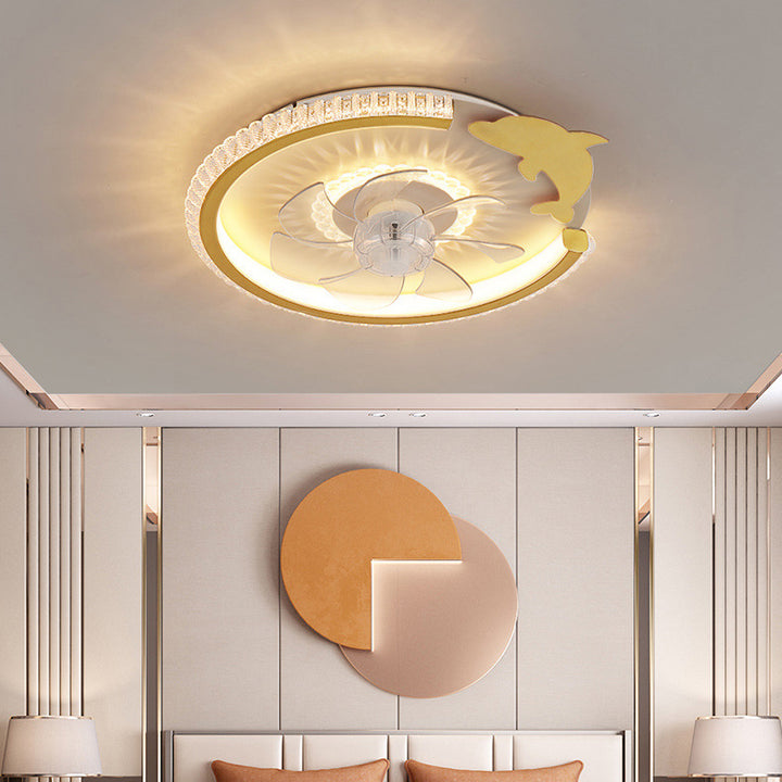 Moderno Lujo Niños Redondo Corona Animal Acrílico ABS LED Ventilador de Techo con Luz para Dormitorio 
