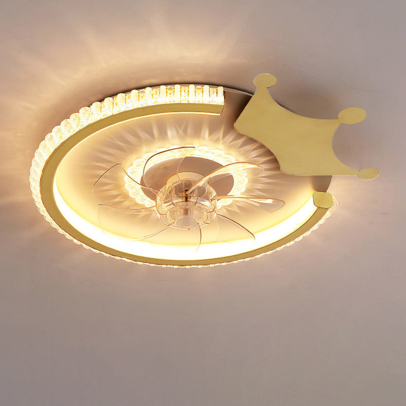 مروحة سقف بإضاءة LED من الأكريليك ABS للأطفال بتاج دائري فاخر حديث لغرفة النوم 