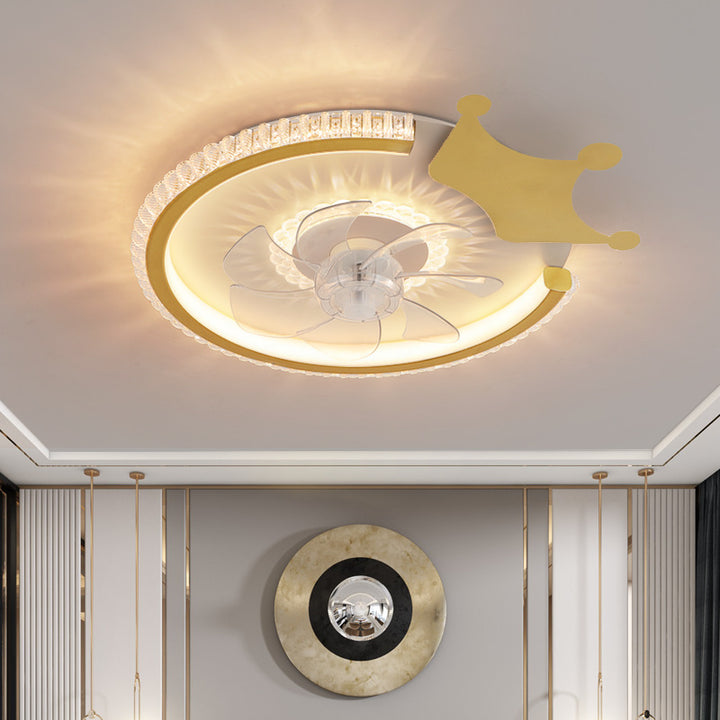 Moderno Lujo Niños Redondo Corona Animal Acrílico ABS LED Ventilador de Techo con Luz para Dormitorio 