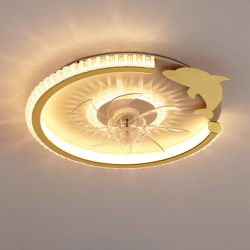 مروحة سقف بإضاءة LED من الأكريليك ABS للأطفال بتاج دائري فاخر حديث لغرفة النوم 