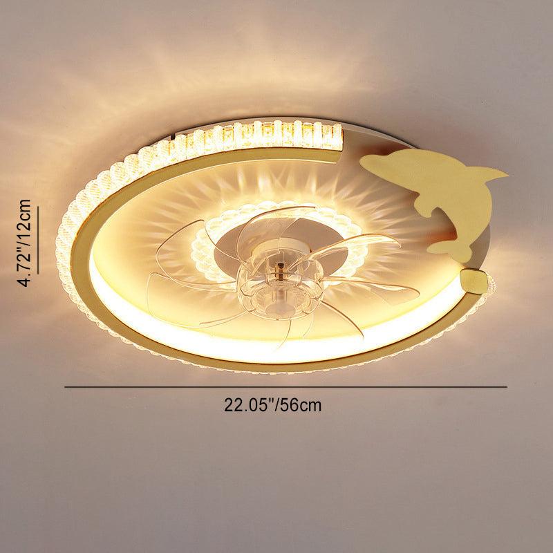 مروحة سقف بإضاءة LED من الأكريليك ABS للأطفال بتاج دائري فاخر حديث لغرفة النوم 