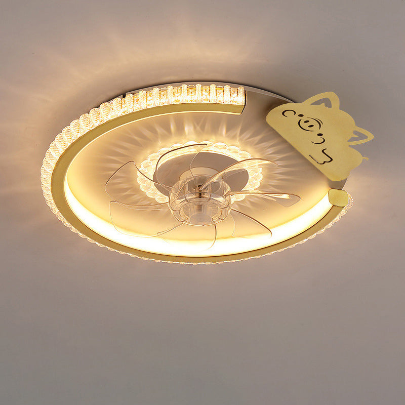 مروحة سقف بإضاءة LED من الأكريليك ABS للأطفال بتاج دائري فاخر حديث لغرفة النوم 