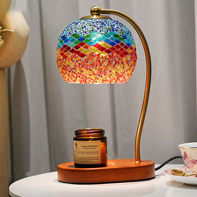 Zeitgenössische Boho Holz Glas Kuppel Handgefertigte Mosaik 1-Licht Schmelzende Wachs Tischlampe Für Schlafzimmer 